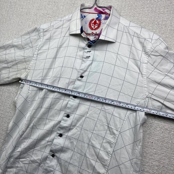 Au Noir White Button Down Shirt Geometric Grid Watercolor Design Men Sz 5 Read - Picture 8 of 14
